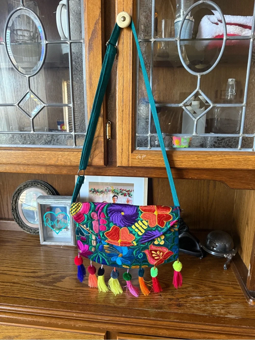 Colorful Floral Embroidered Crossbody Bag - Teal Strap